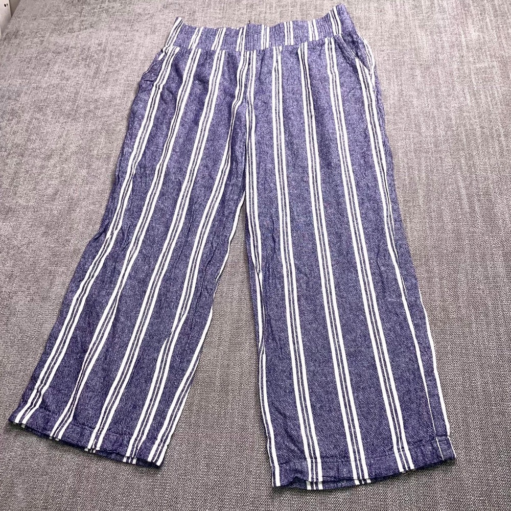 Land 'n sea Pants Womens Medium White Blue Striped Elastic Waist Casual Wide Leg